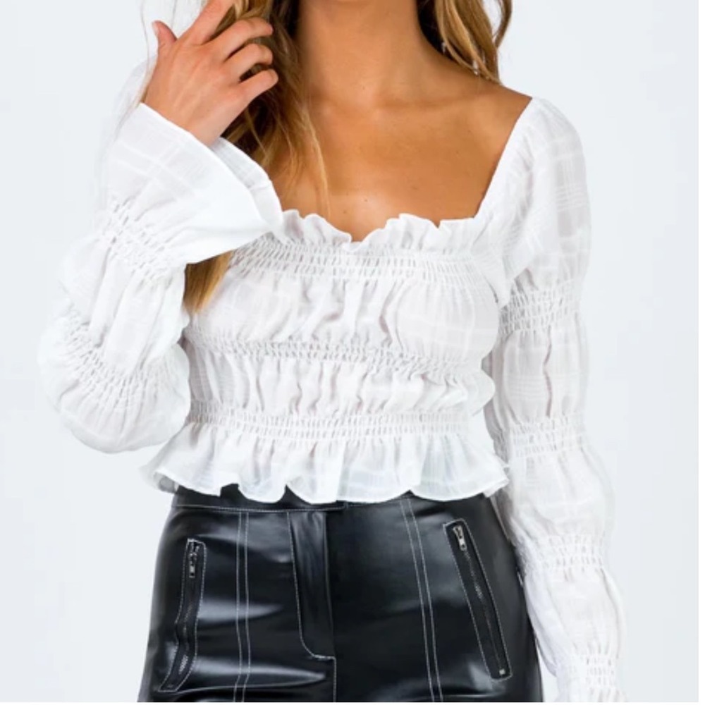 Princess Polly Smocked Crop Top Square Neck Long Sleeve White Size‎ 4